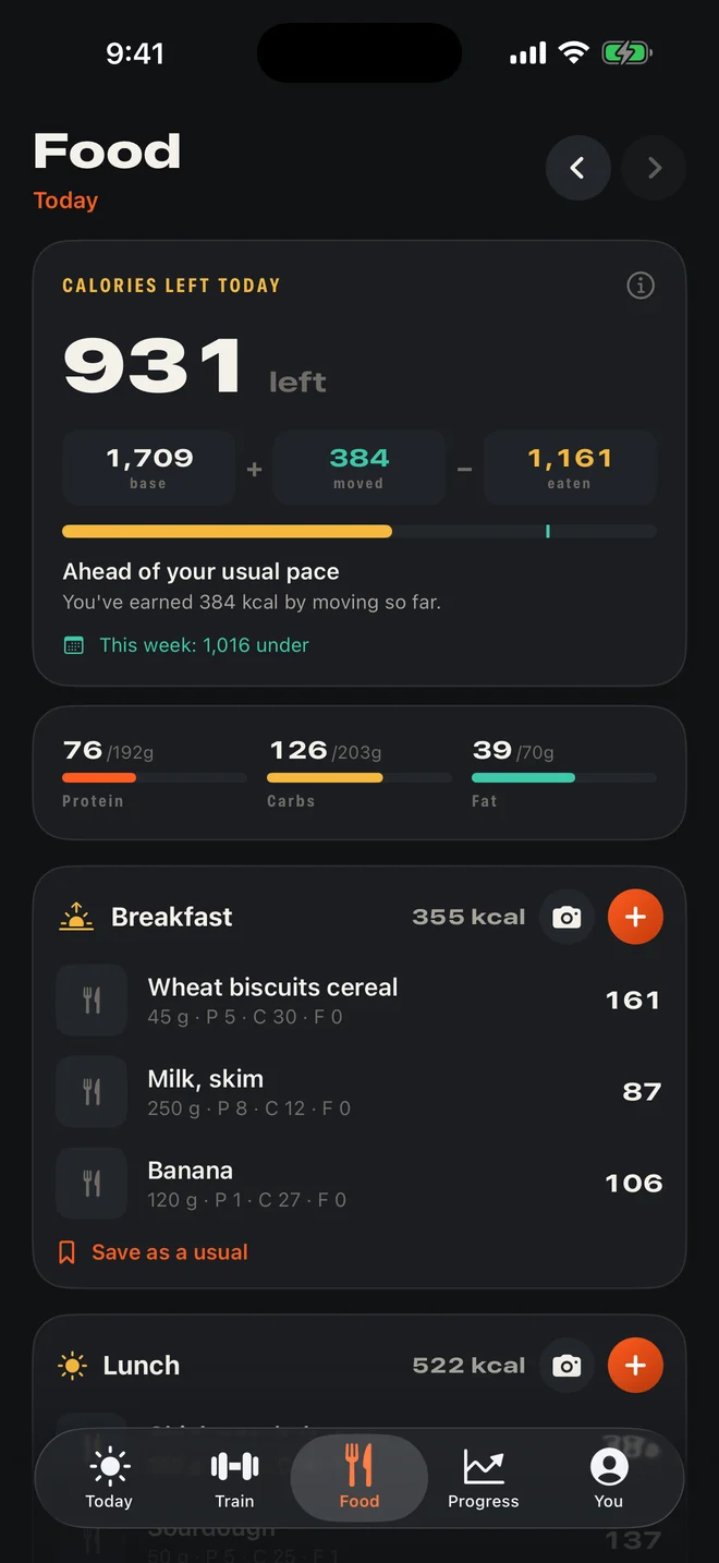 Belltally Food diary: 931 calories left, with breakfast and lunch logged