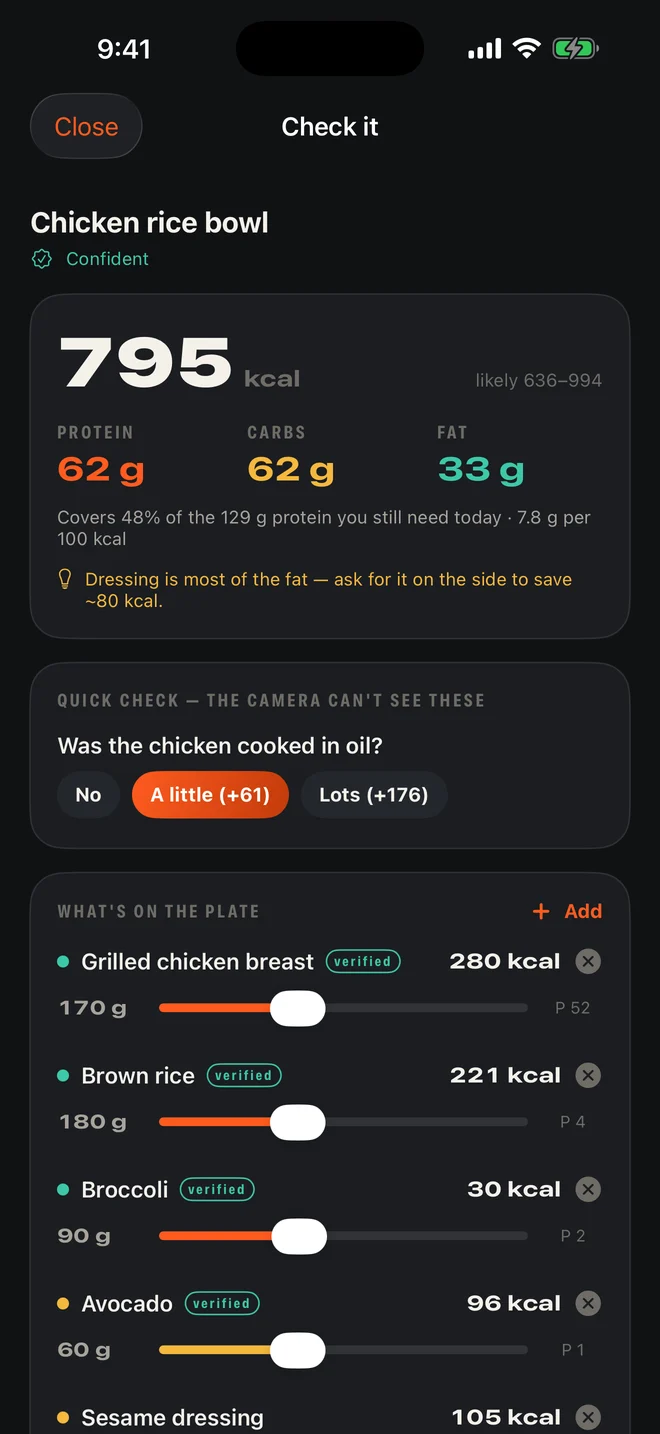 Belltally Snap result: chicken rice bowl, 795 kcal, every item weighed